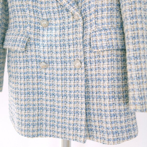 XS - Zara Tweed Blue & White Textured Double Breasted Blazer Jacket - Picture 4 of 15